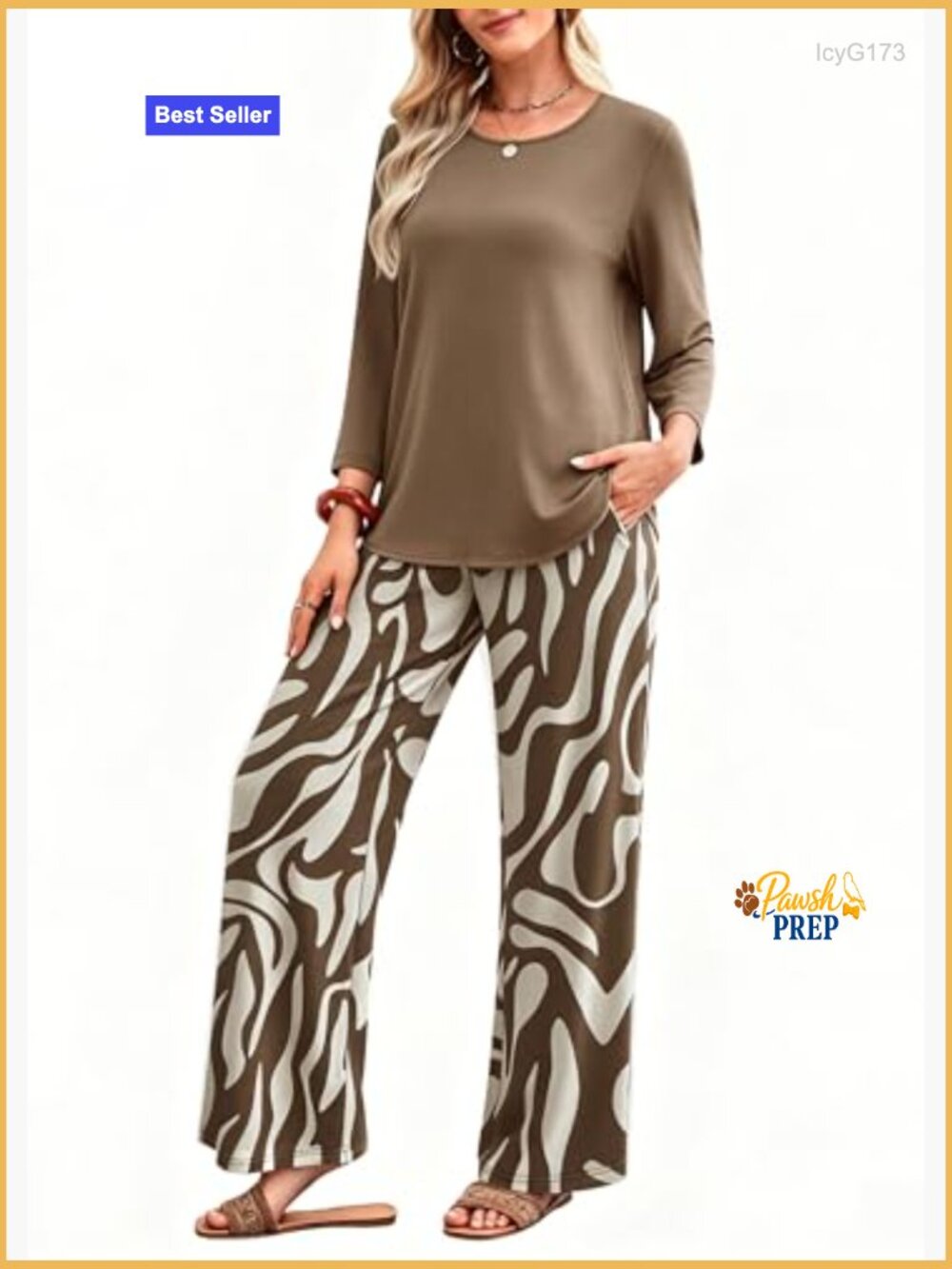 Two Piece Lounge Set with Pockets 3/4 Sleeve Top and Printed Pants - Picture 4 of 7